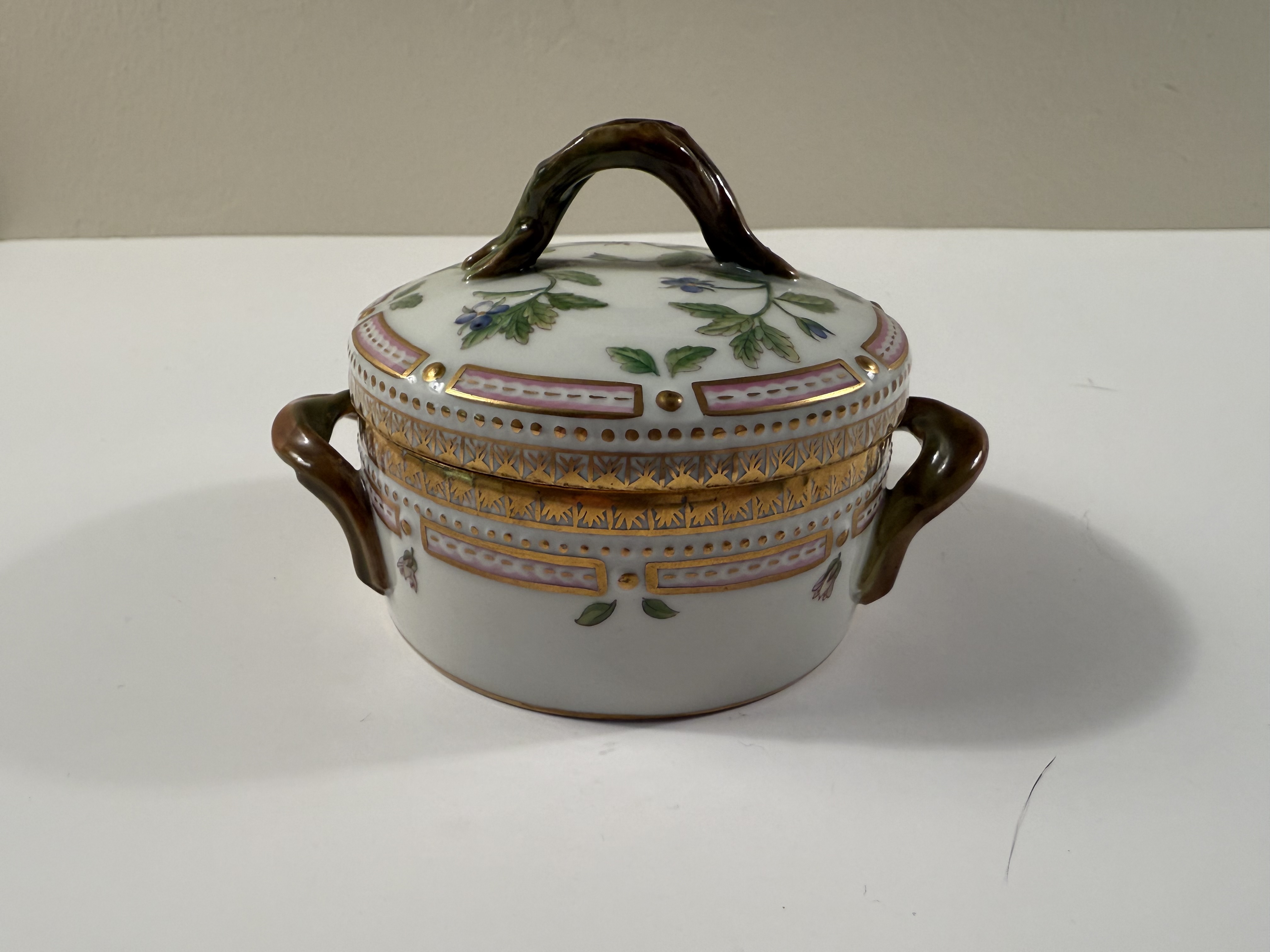 Royal Copenhagen Flora Danica Covered Sugar Bowl — Model 20/3502, Veronica agrestis, Hand-Painted, Twig Handles, Three Wavy Lines Mark